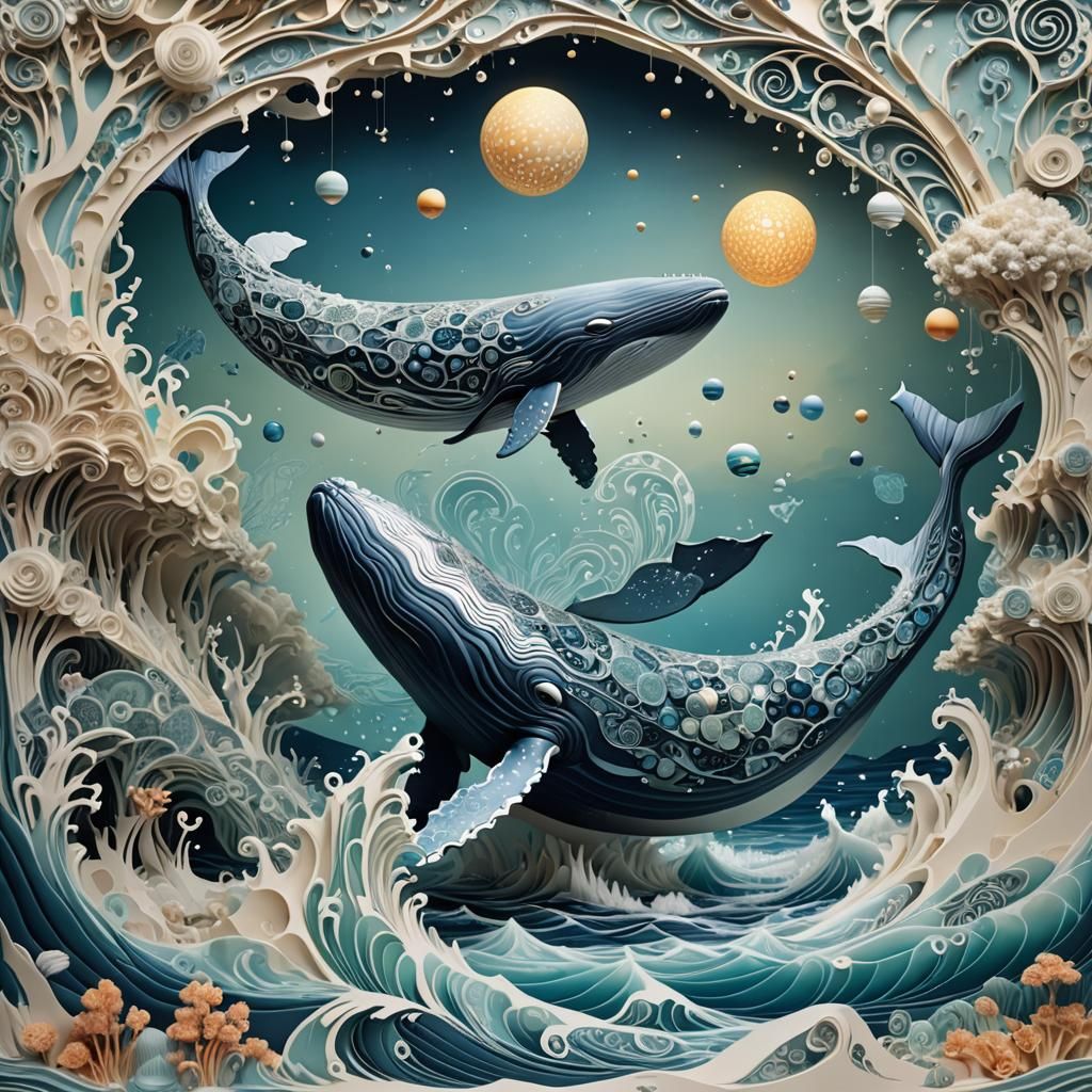 Surreal Whale Breaching in Dreamlike 3D Seascape