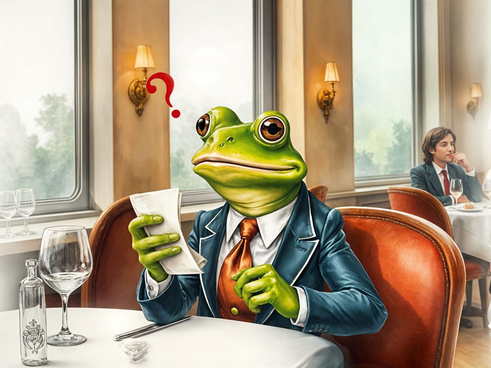 Surprised Frog in Restaurant, Astrid Sheckels Style