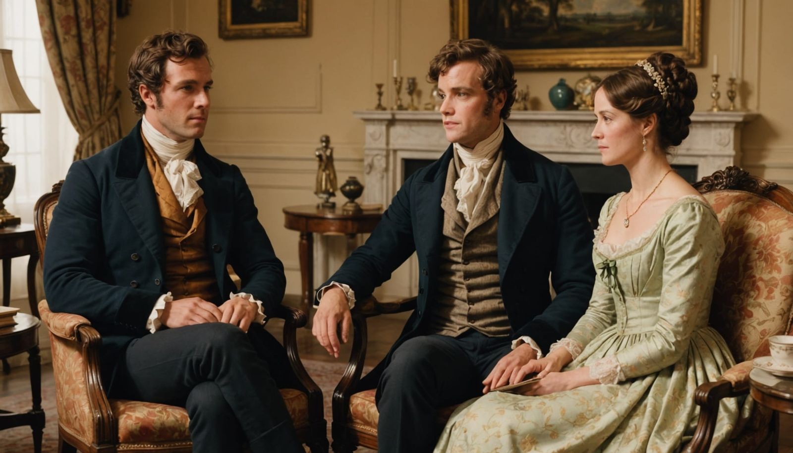 Regency Couple in Elegant Living Room, Subtle Social Tension