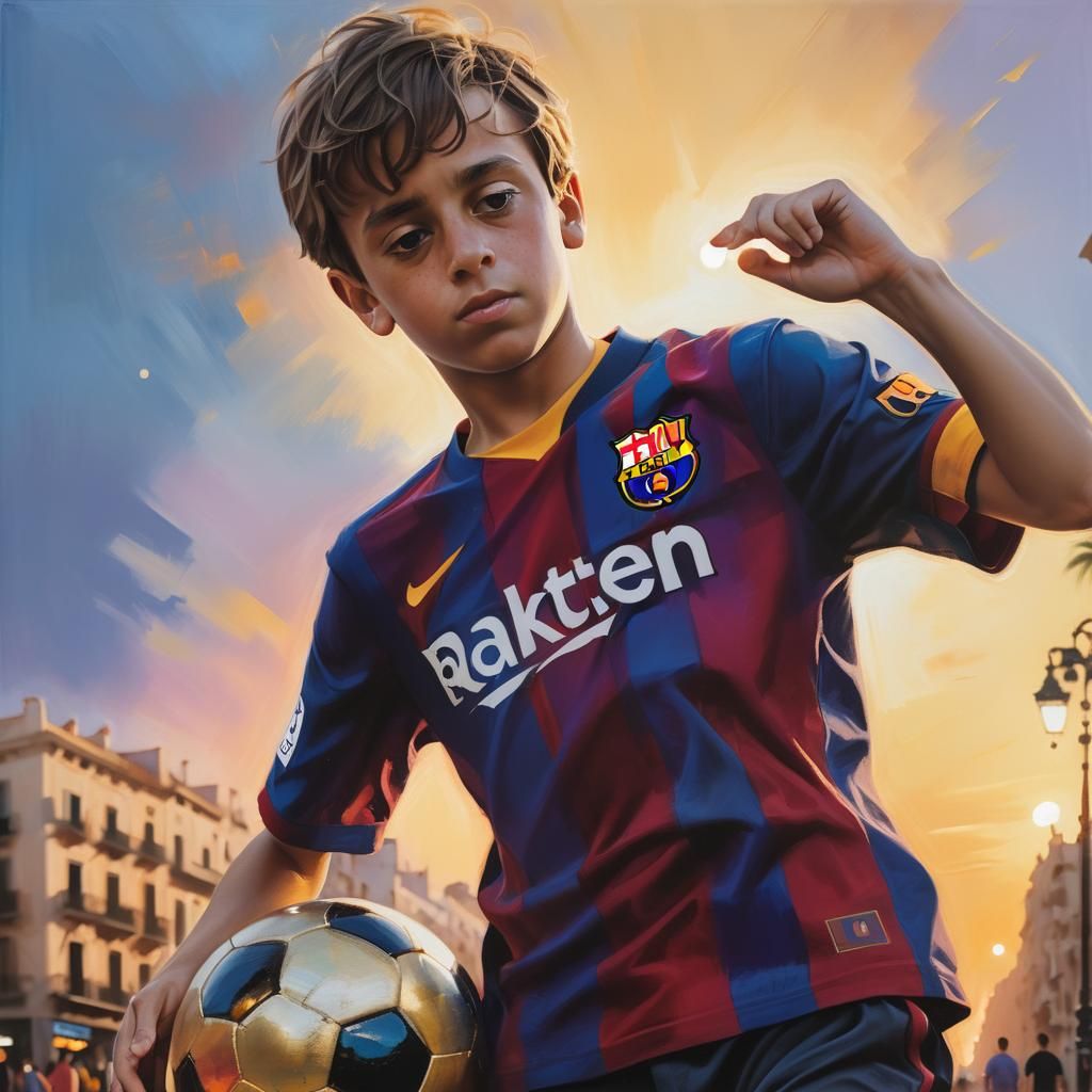 Boy with Barcelona Shirt: Oil Painting on Canvas