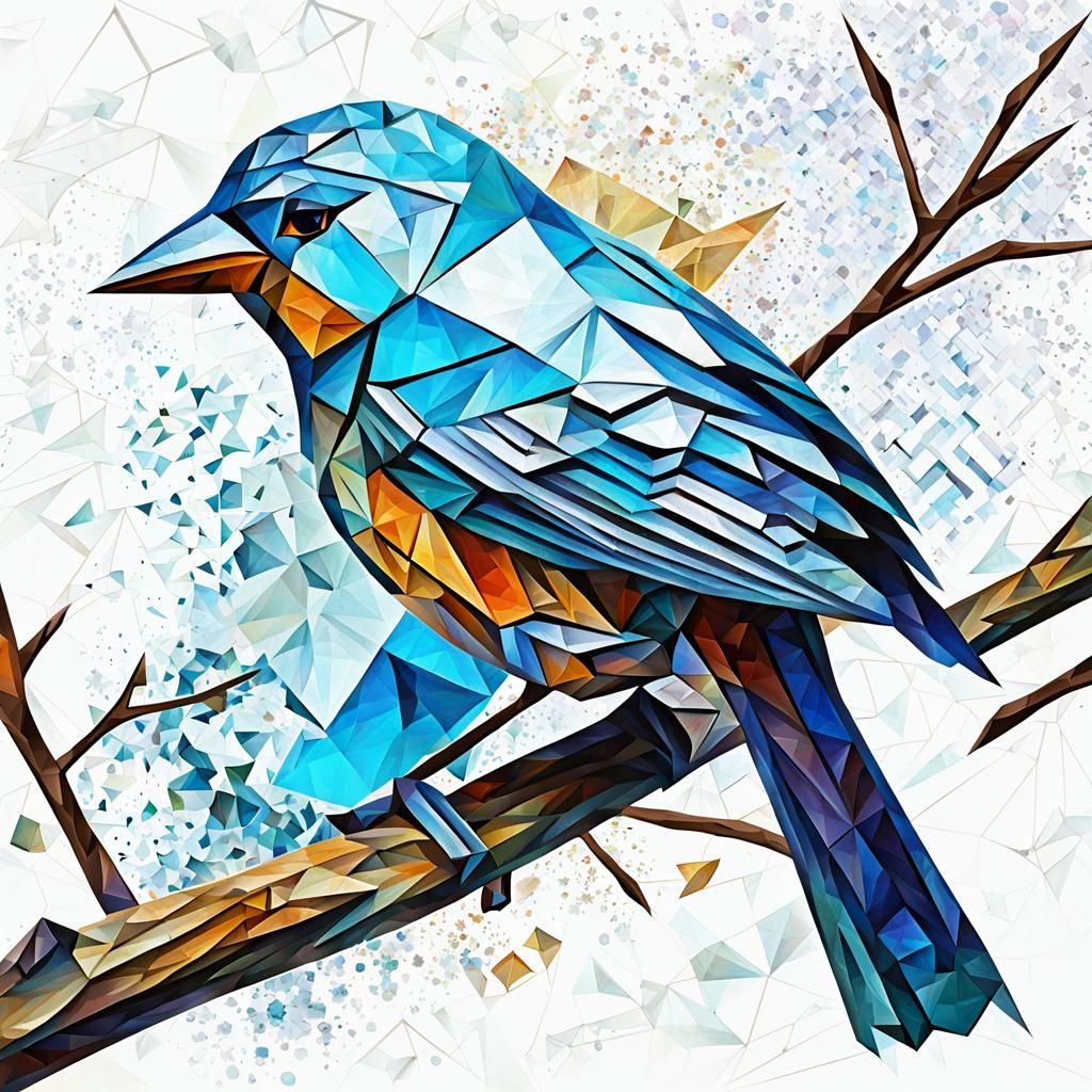 Cubist Bird on Branch in Geometric Style