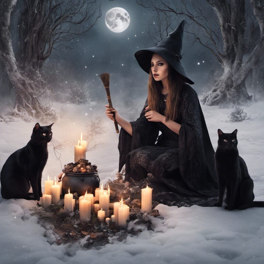 Enchanting Witch with Cat in Snowy Woods