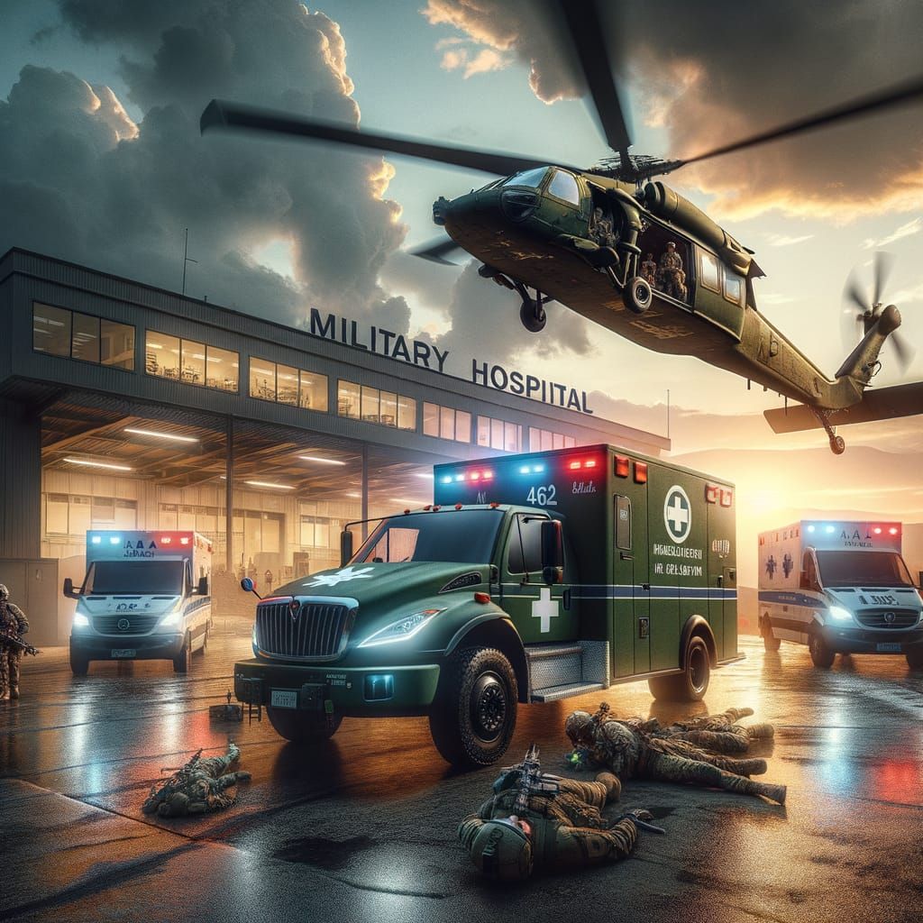 Military Hospital with Ambulance and Helicopter in HDR