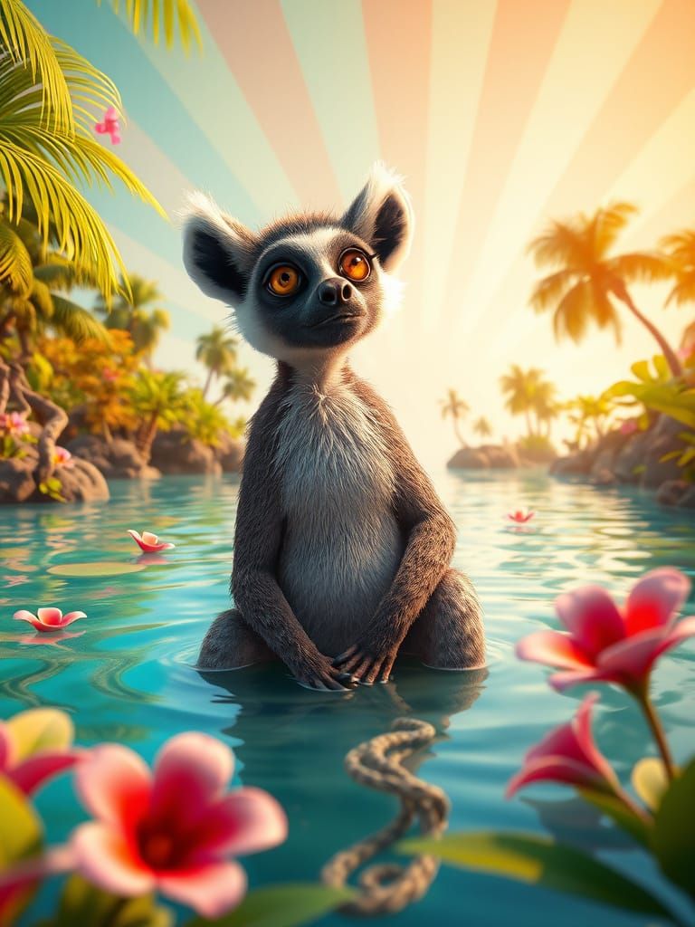 Surreal Lemur Paradise in Vibrant, Dreamlike Lagoon
