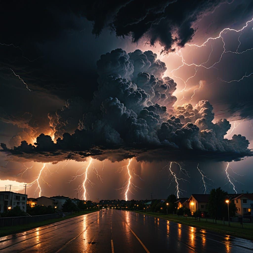 Dramatic Thunderstorm Over City at Golden Hour