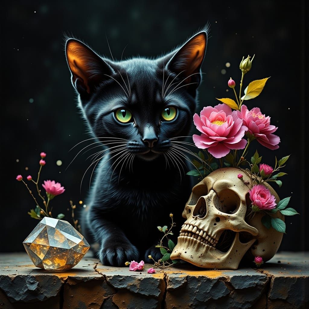 Macabre Still Life: Black Cat, Skull, Flowers, Diamond