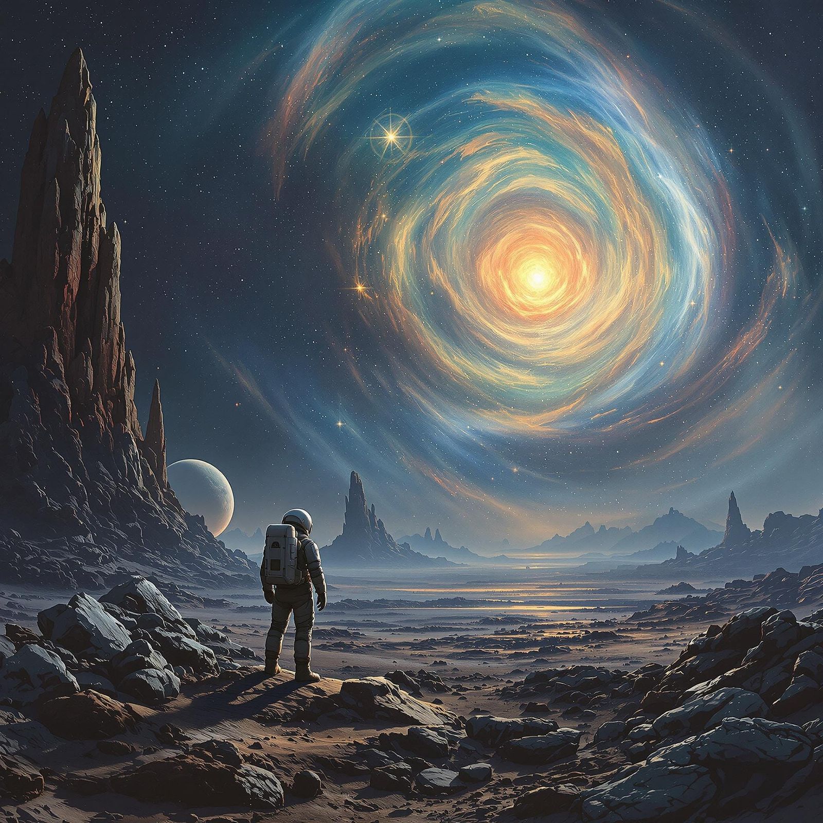 Astronaut on Alien Planet in Retro-Futuristic Style