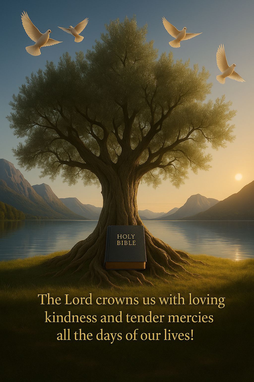 Majestic Olive Tree with Bible and Mountain Lake