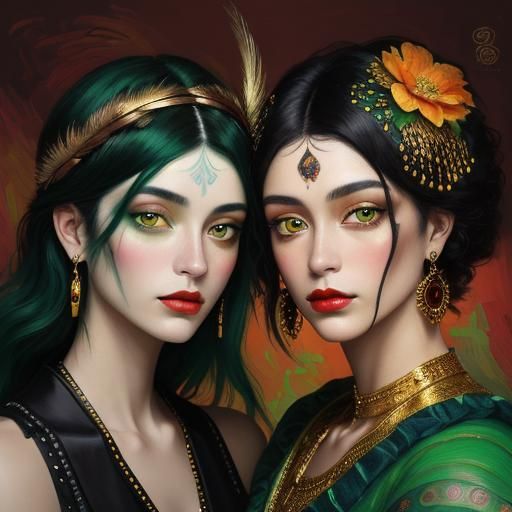 Portraits in Neo-Impressionist Style with Gold Accents