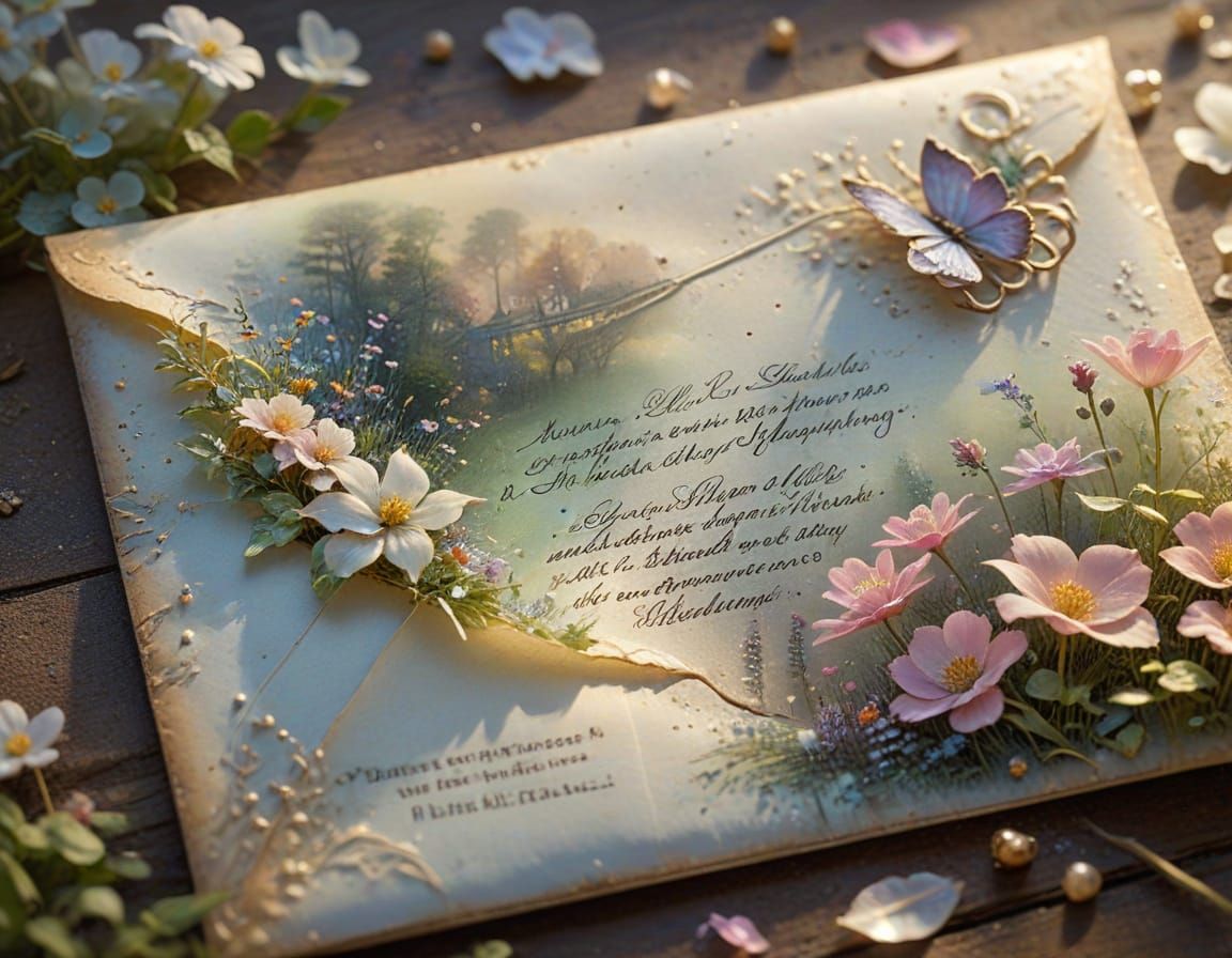 Vintage Envelope Holds Dreamy Garden Scene with Luminous Ins...