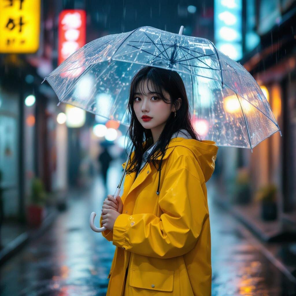 Korean Girl in Rainy Alleyway with Neon Lights