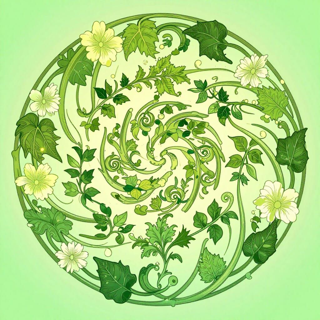 Art Nouveau Spiral Design with Intertwining Vines and Flower...