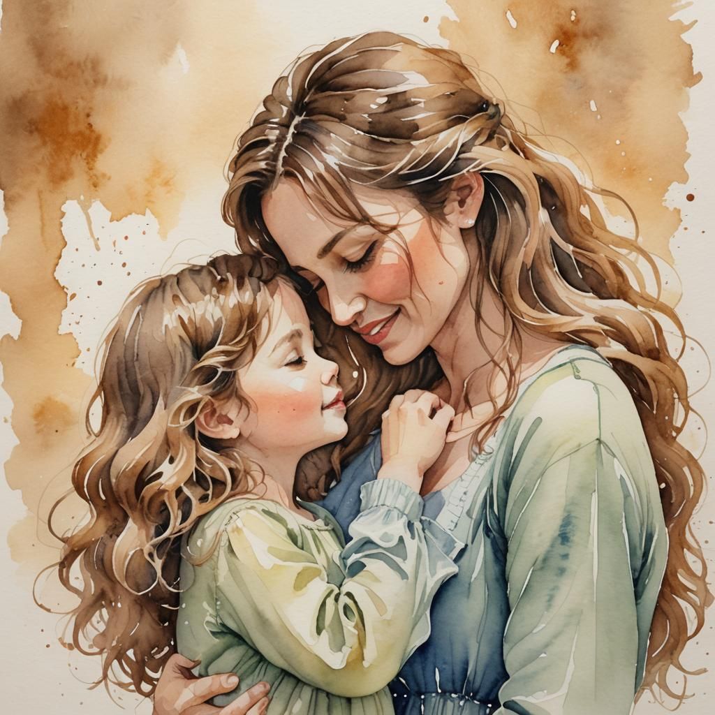 Heartwarming Mother-Daughter Moment in Watercolor Style