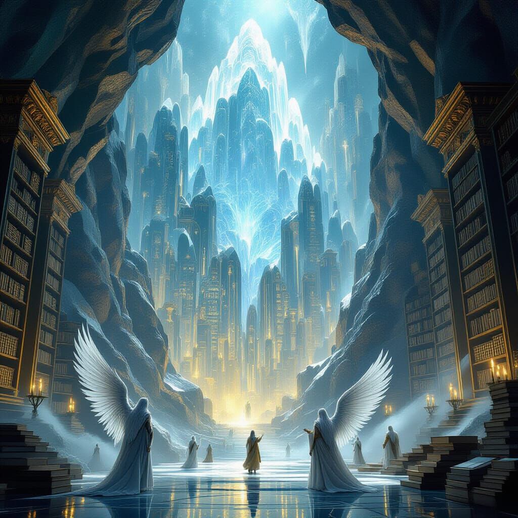 Colossal Crystal Library with Ethereal Beings