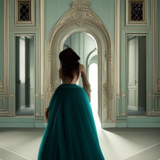 Woman in Gown Approaching Chateau: Detailed Matte Painting