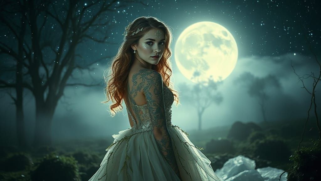 Ethereal Enchantress Portrait in Misty Moonlit Forest