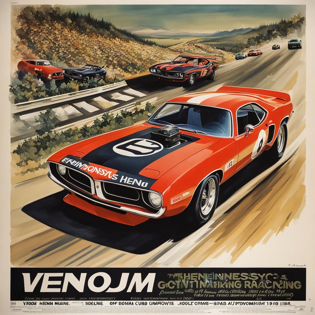 Hennessey Venom GT Races Hemi Cuda: 1970s Movie Poster