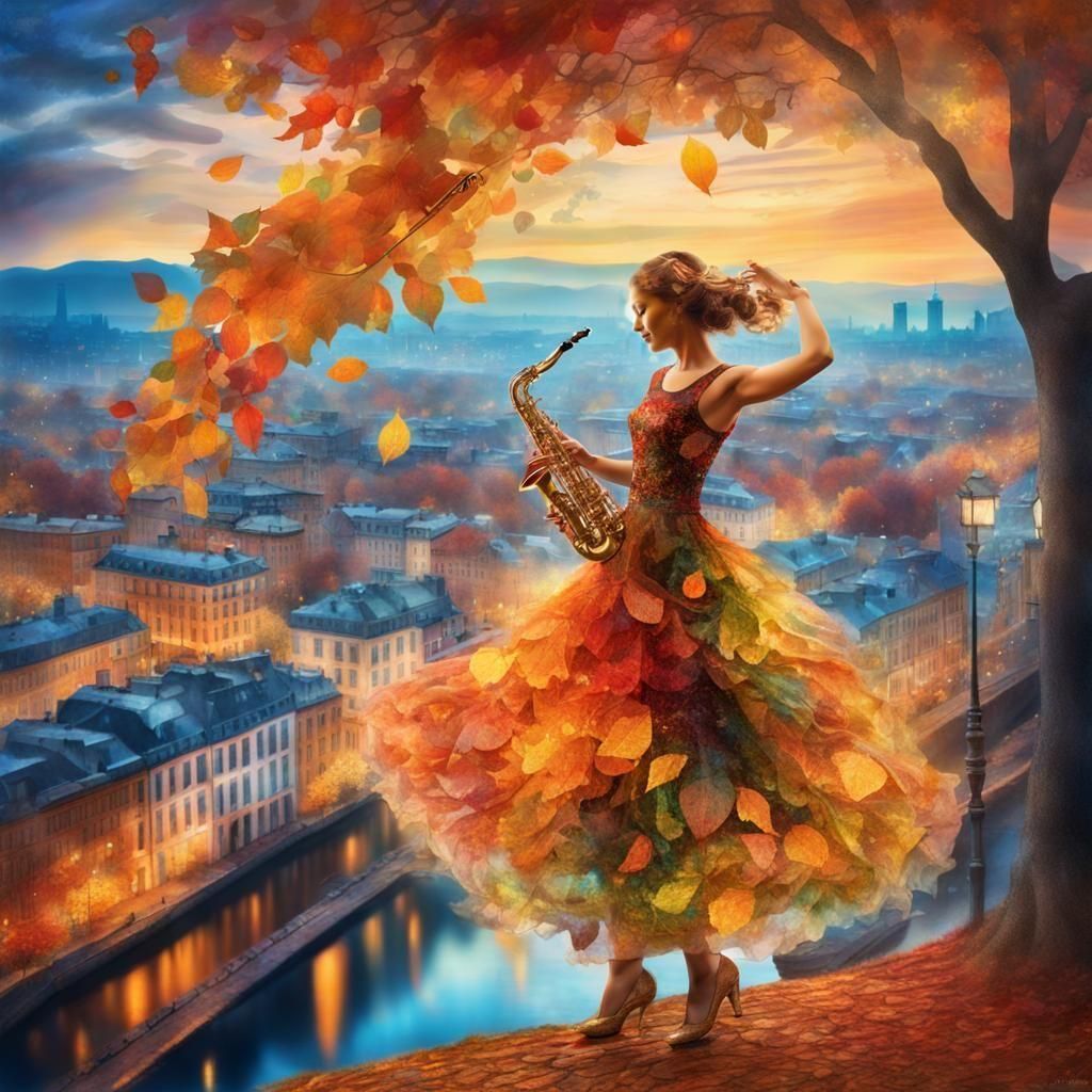 Autumn Dancer Over City Lights, Surreal Style