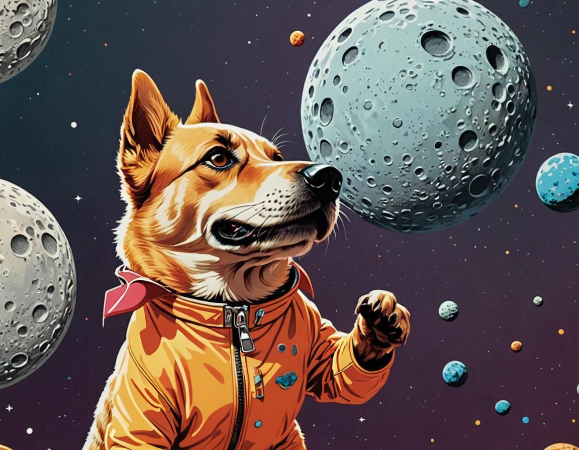 Space Dog on Moon in 1960s Pop Art Style