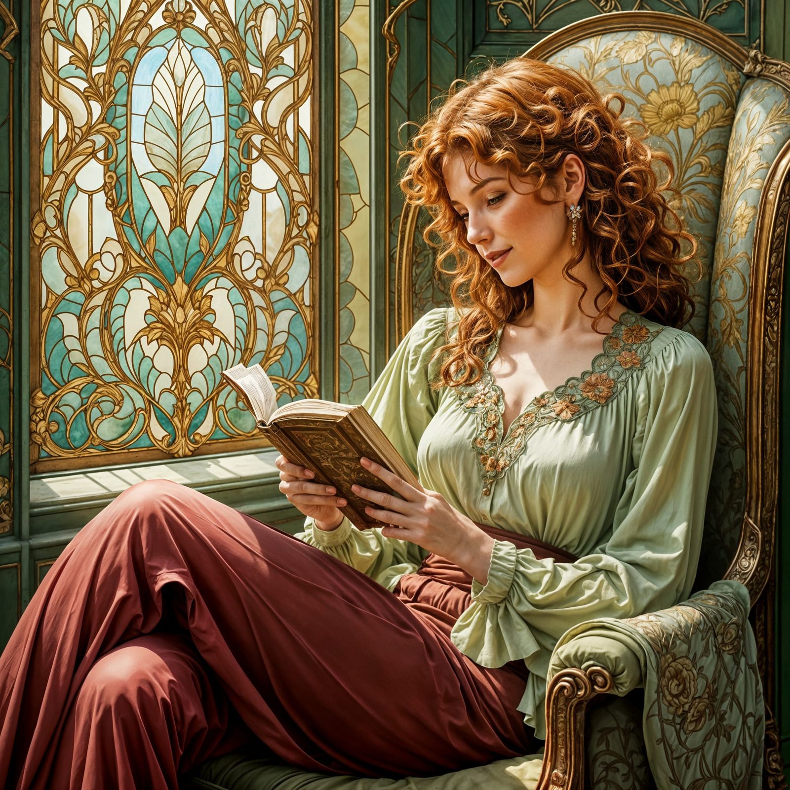 Woman Reading in Cozy Alcove in Art Nouveau Style