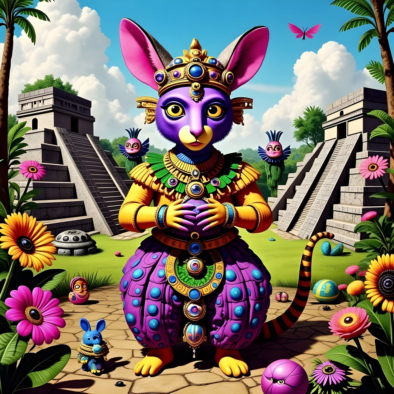 Kangaroo's Whimsical Game at Chichen Itza Pyramids