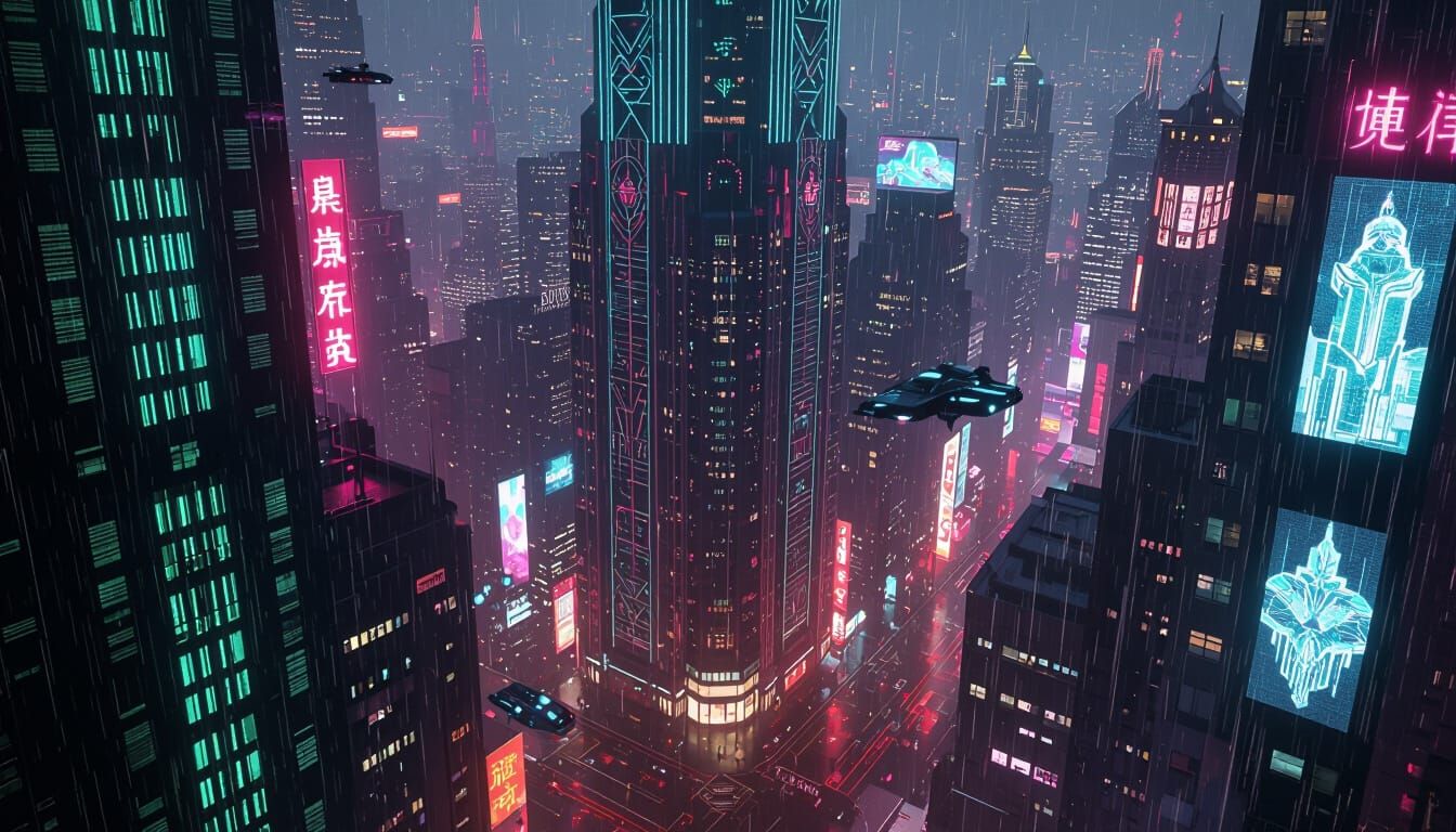 Art Deco Cyberpunk Metropolis with Neon Reflections