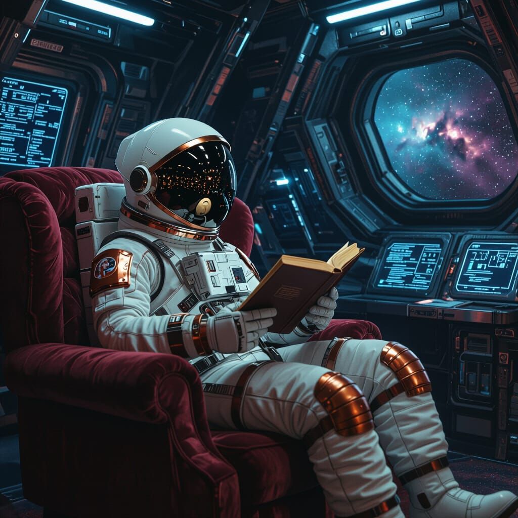 Astronaut Reading in Spaceship Interior
