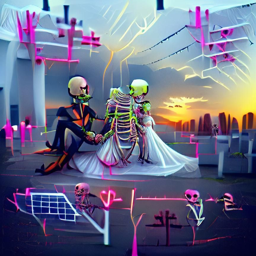 Futuristic Neon Skeleton Wedding at Sunset