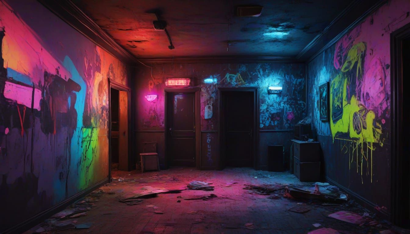 Sinister Empty Backrooms in Vibrant Neon Glow