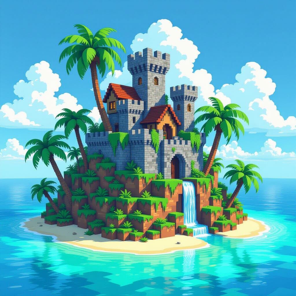 Minecraft Medieval Castle Island in Pixel Art Style