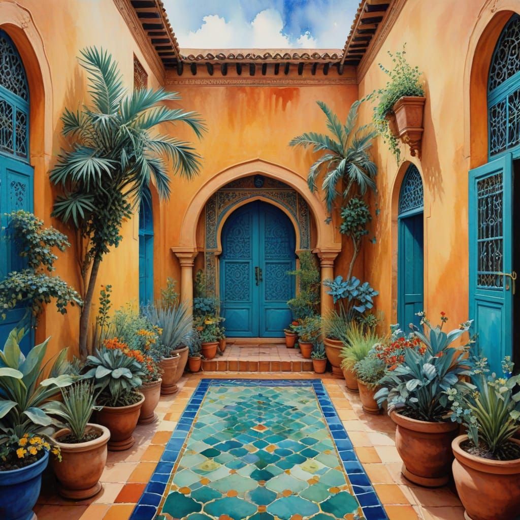 Majestic Moroccan Oasis in Vibrant Oil and Watercolor
