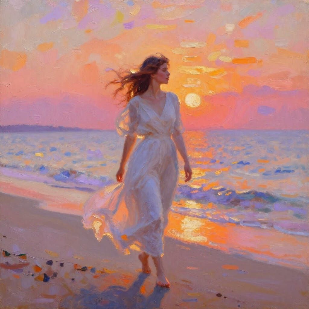 Woman on Beach at Sunset in Impressionist Oil Painting Style