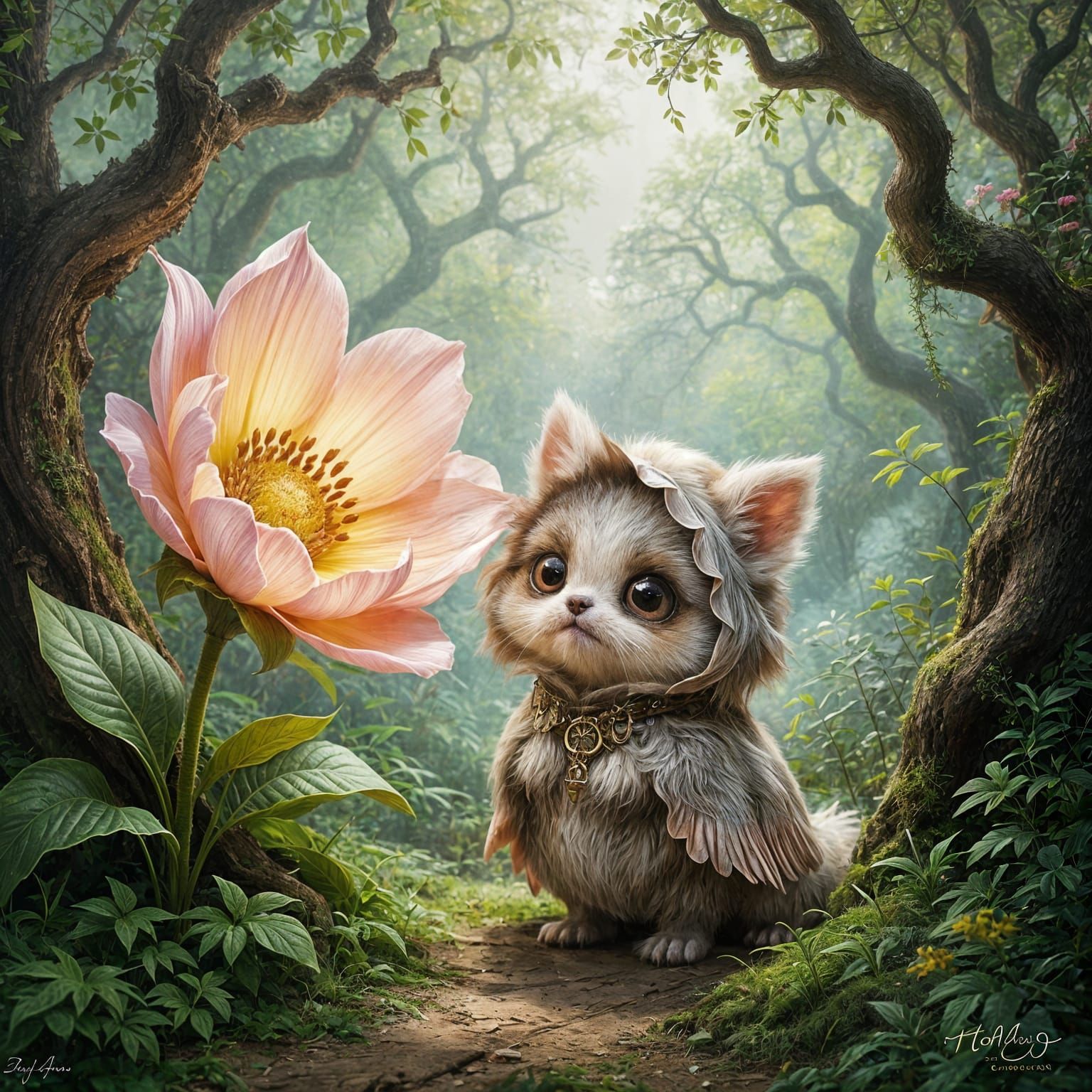 Enchanting Creature in Grove, Oil Pastel Style