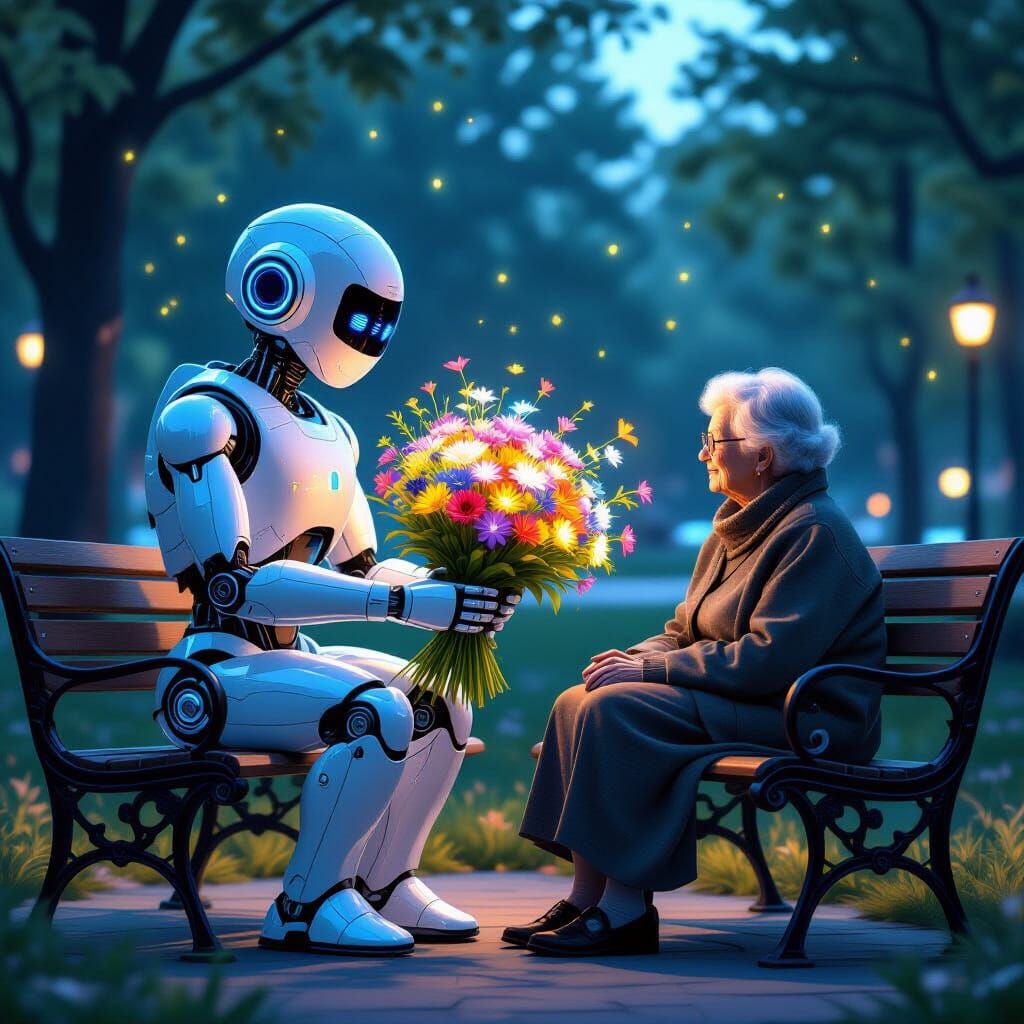 Robot Offers Flowers to Woman at Twilight