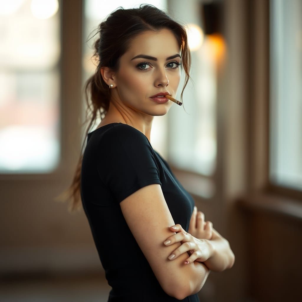 Woman in Black Dress with Bokeh Background