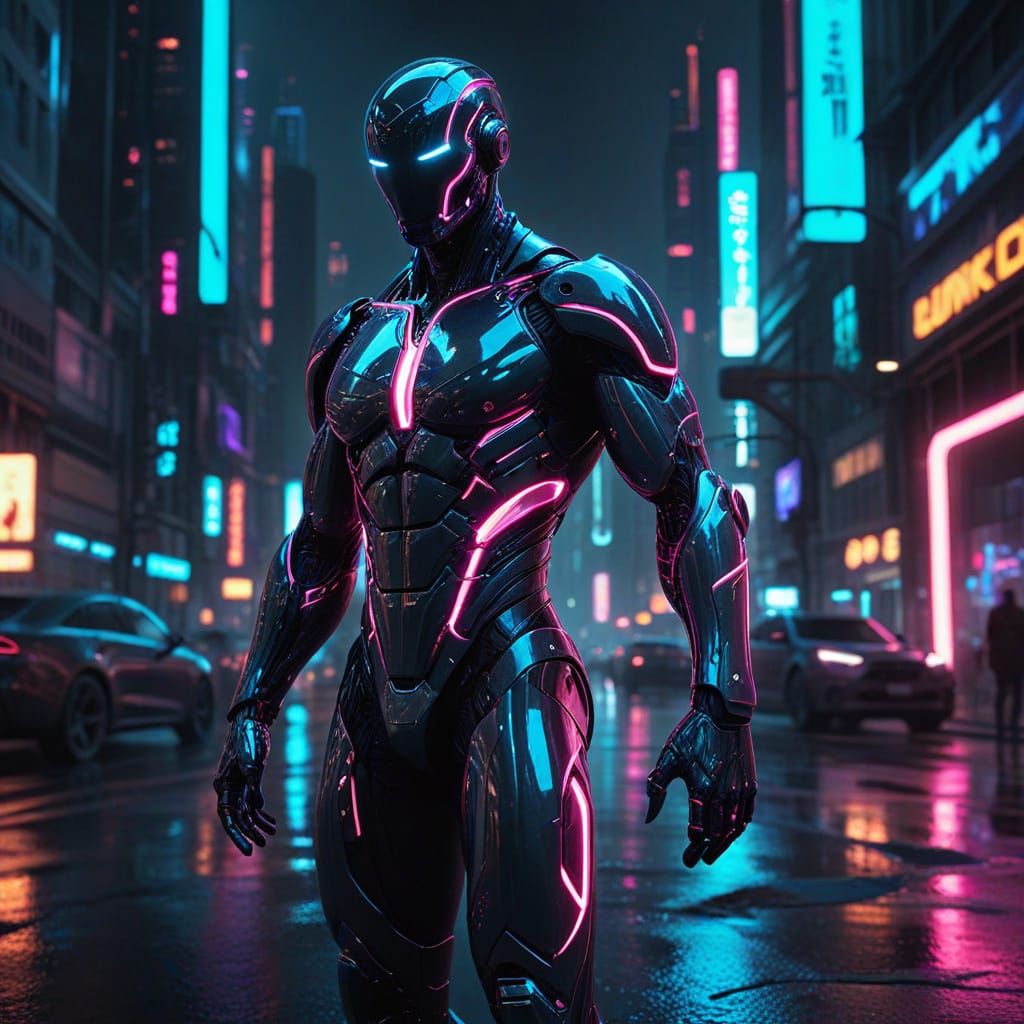 Neon Cyberpunk Shapeshifter in Futuristic Cityscape
