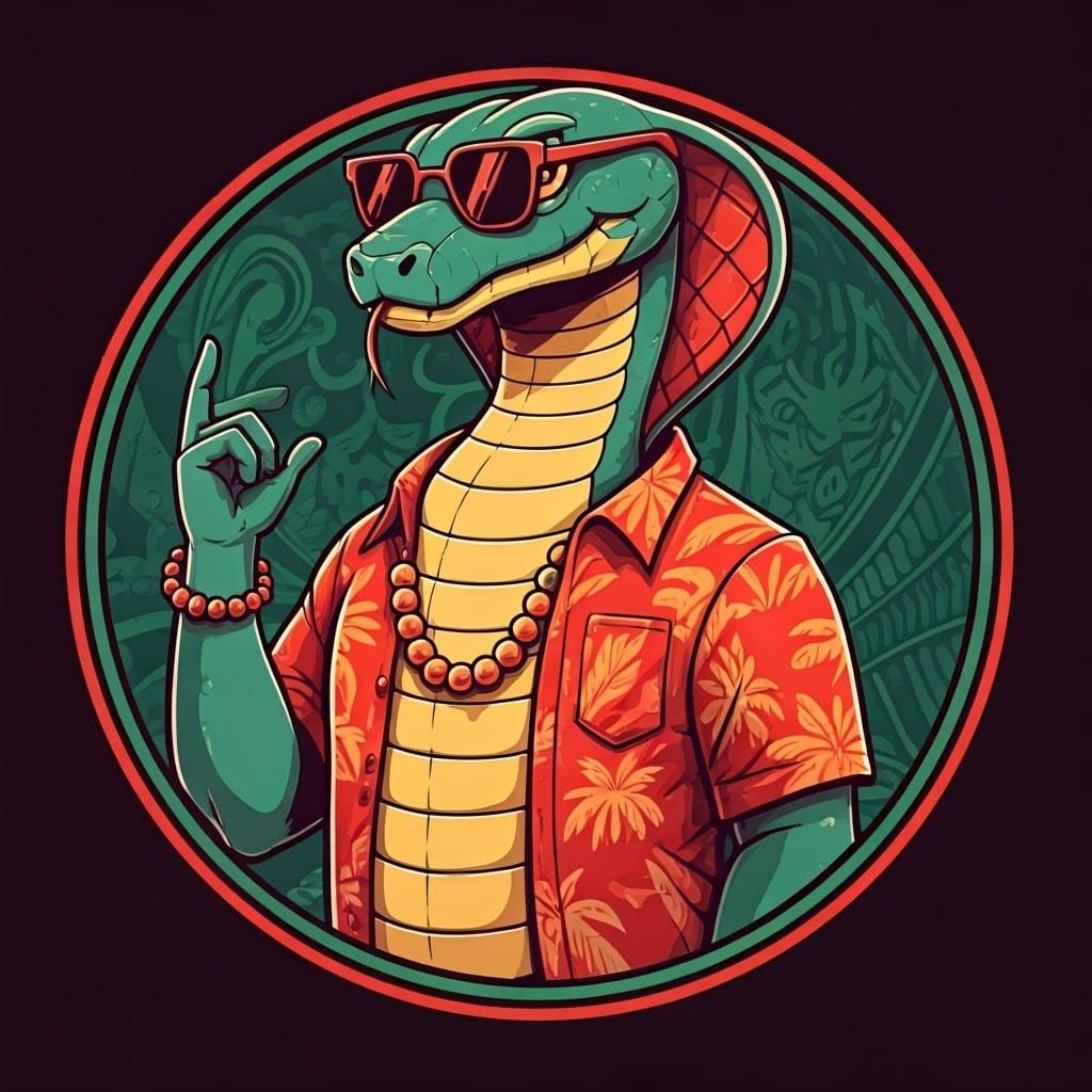 Vibrant Snake Character in Hawaiian Shirt Embodies Carefree...