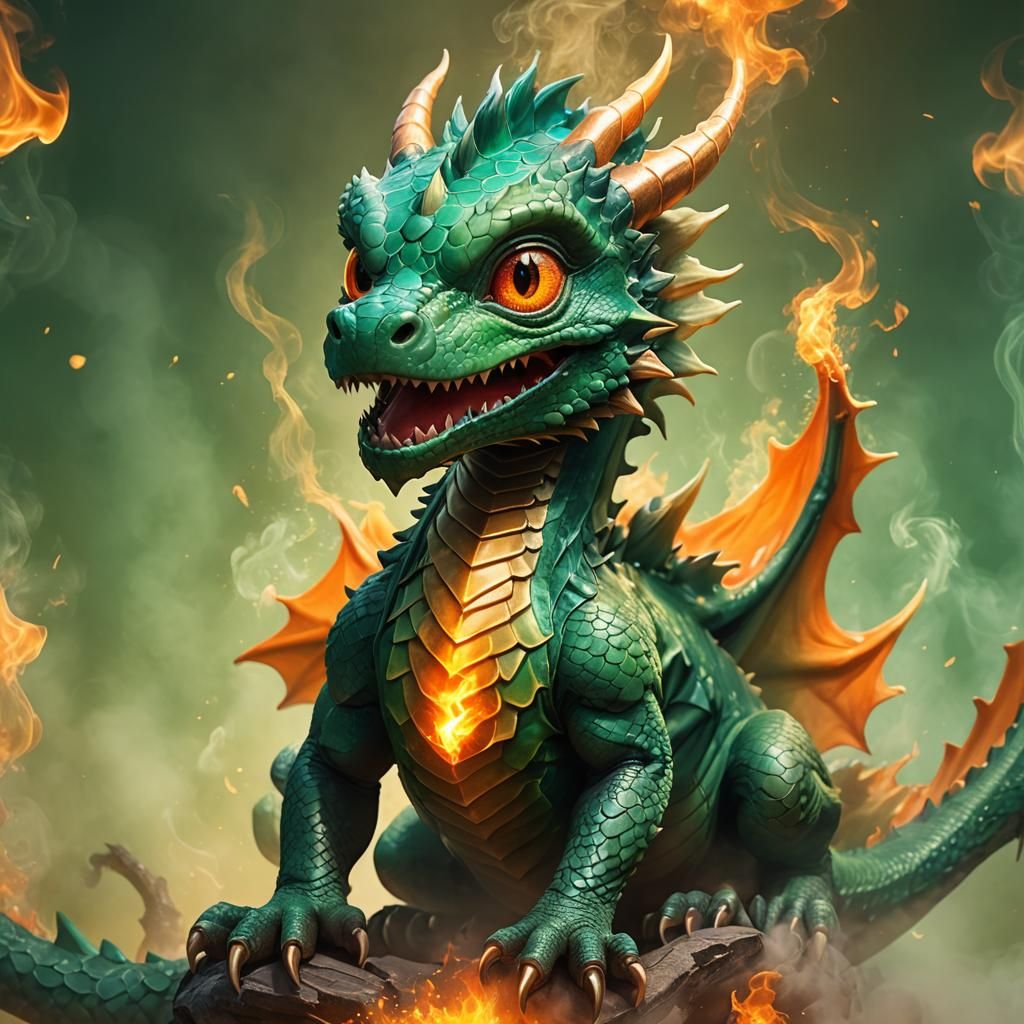 A baby dragon trying to breath fire but only getting smoke
