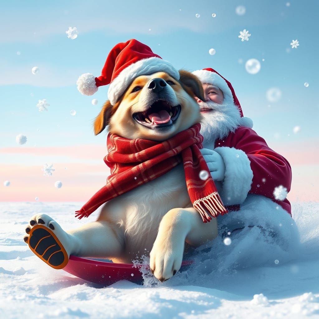 Joyful Dog Slides on Snowy Road with Santa Claus in Festive...