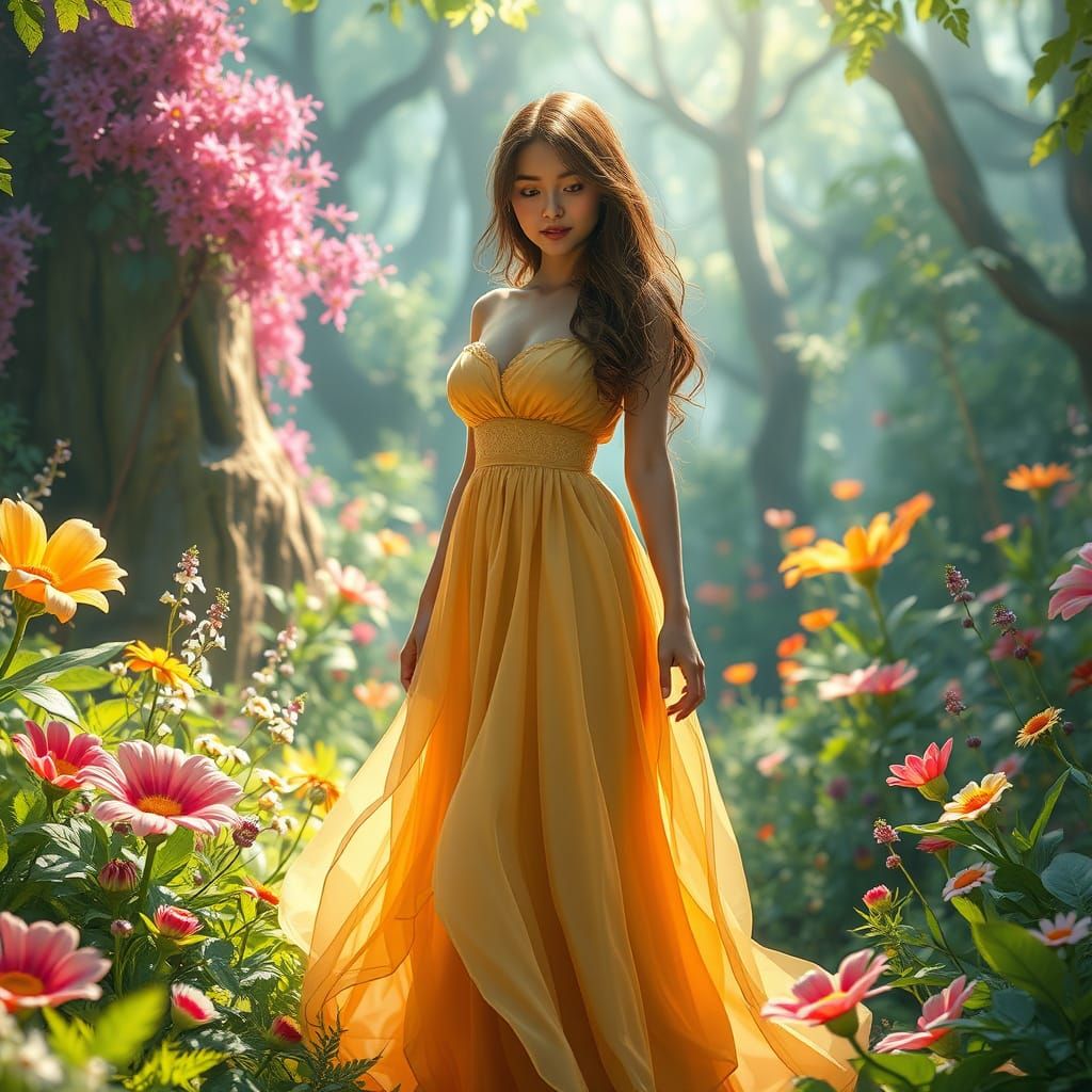 Dreamy Woman in Whimsical Forest, in Intricate Digital Style