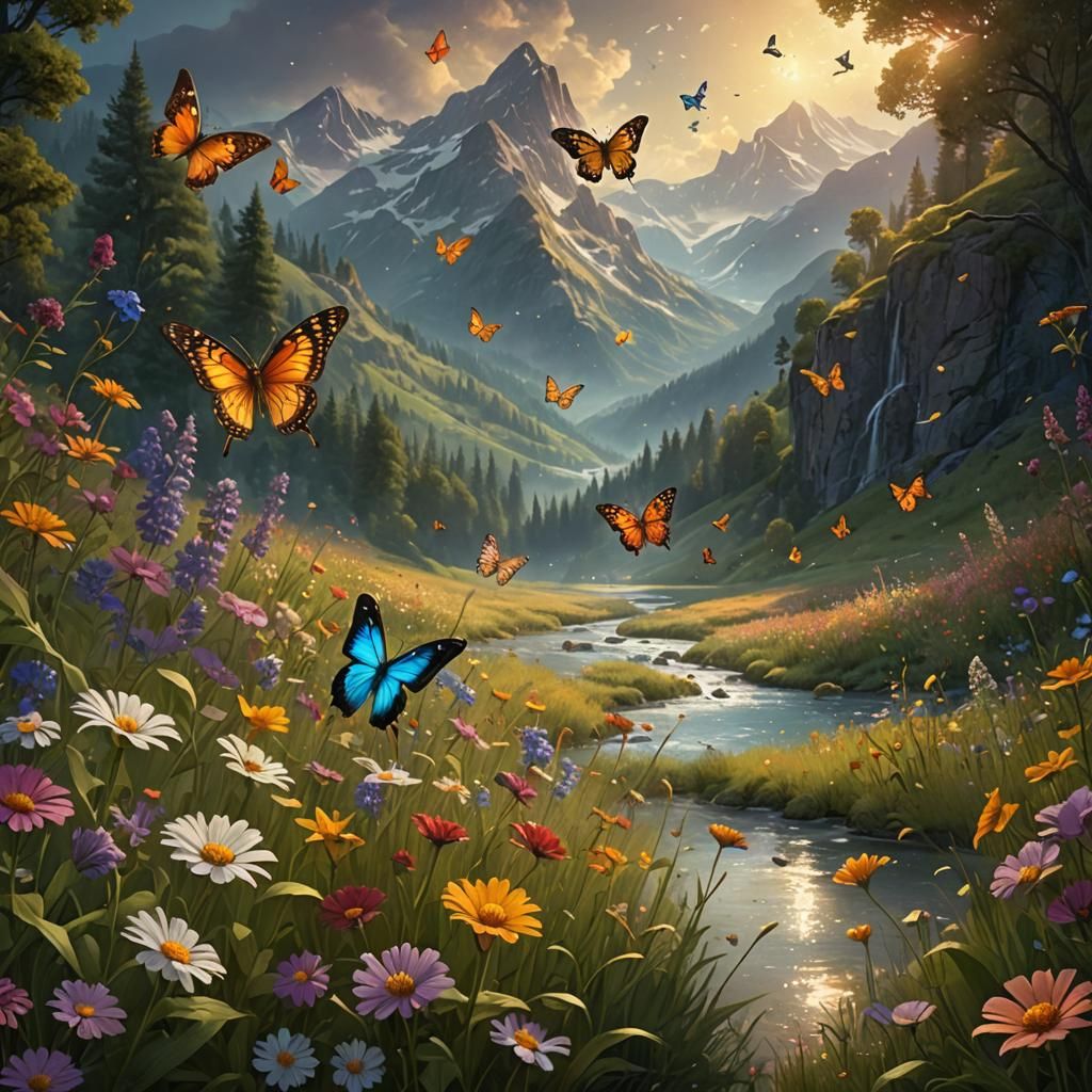 Wildflower Meadow with Birds in Fantasy Landscape