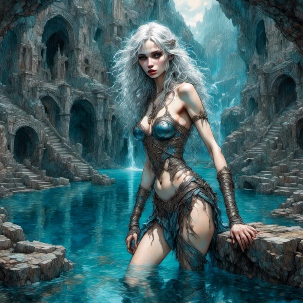 Drow Emerging from Underground Pool