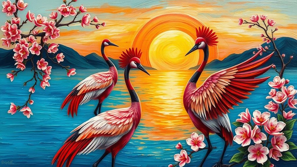 Japanese Cranes and Blossoms in Impasto Oil Painting