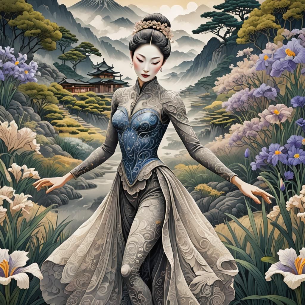 Ukiyo-e Ballerina in Iris Field Dance
