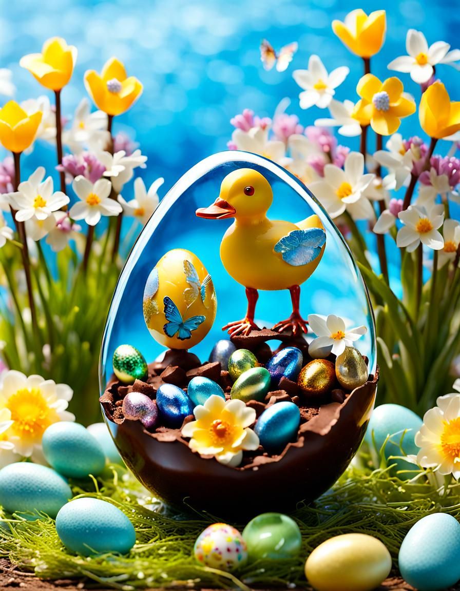 Vibrant Easter Oasis with Easter Duckling and Flowers