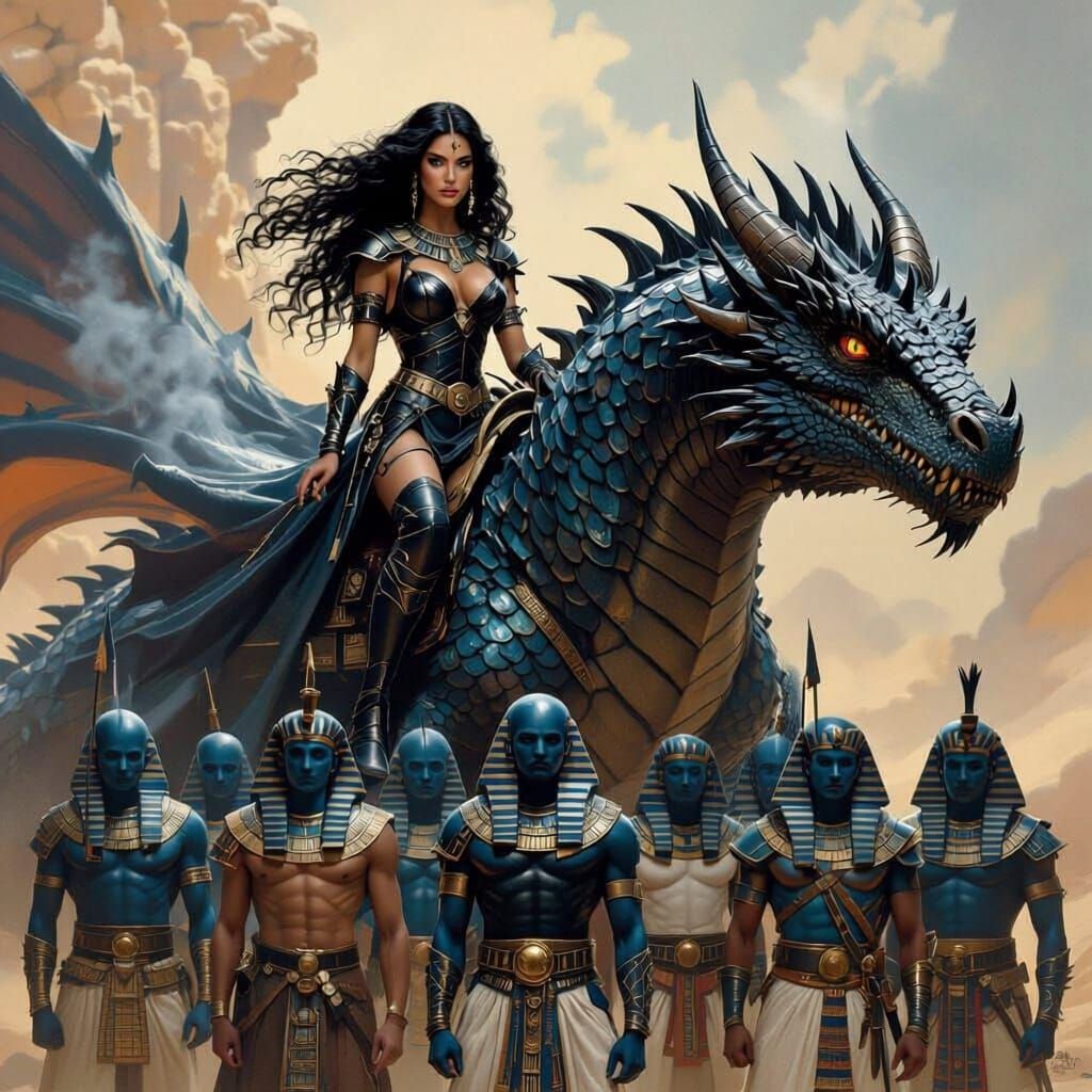 Warrior Woman on Dragon with Egyptian Soldiers