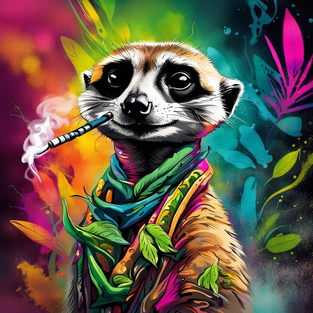 Whimsical meerkat smoking a hookah, marijuana leaf backgroun...