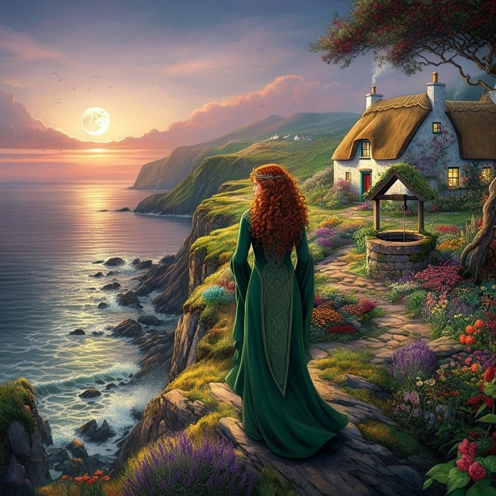 Irish Princess on Windswept Cliffs at Sunrise