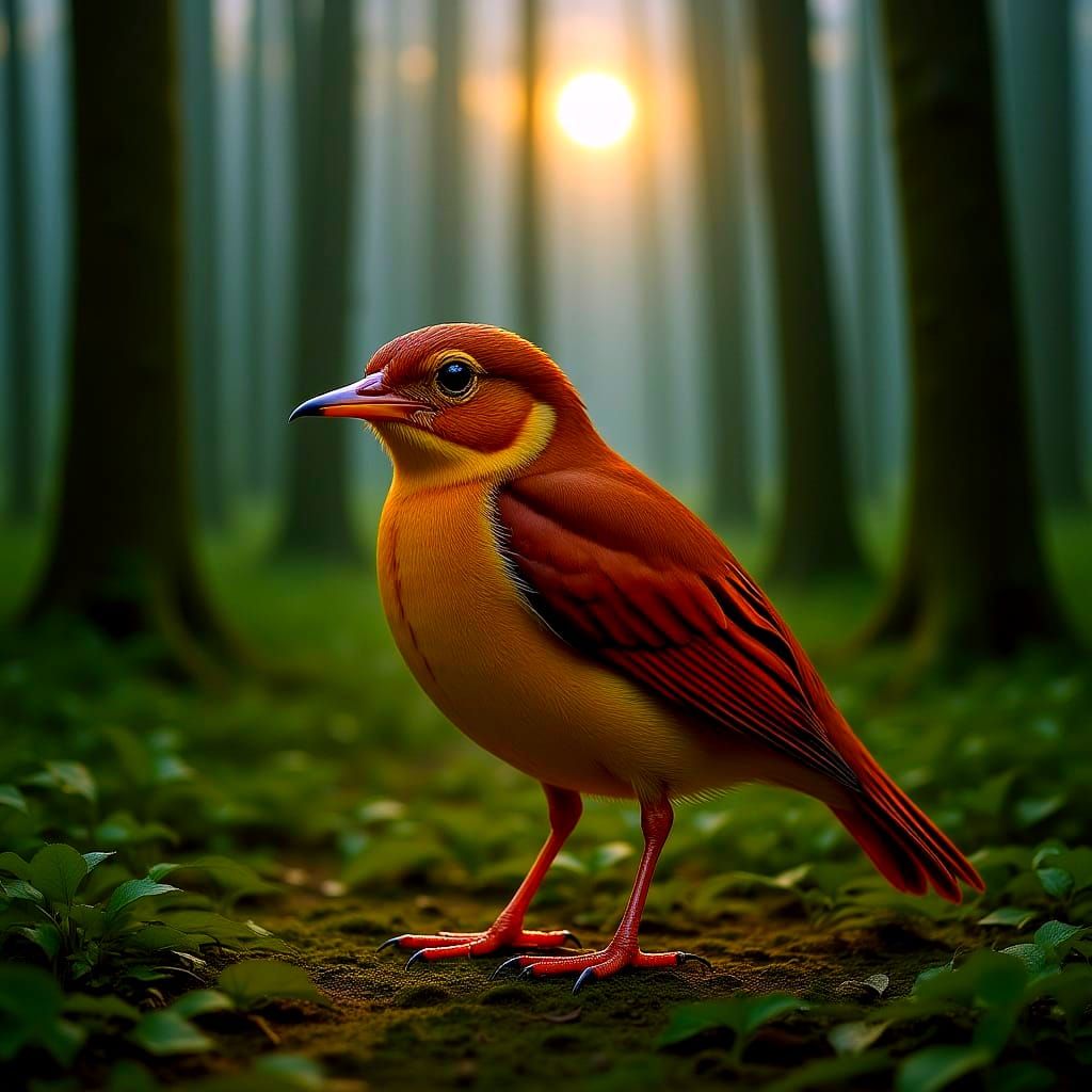 Robin Redbreast in Misty Forest Clearing