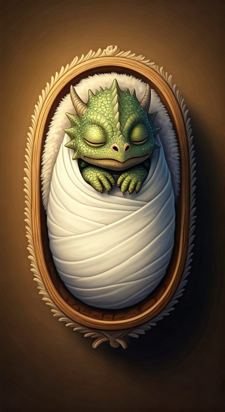 Baby Green Dragon in Cradle, Whimsical Art